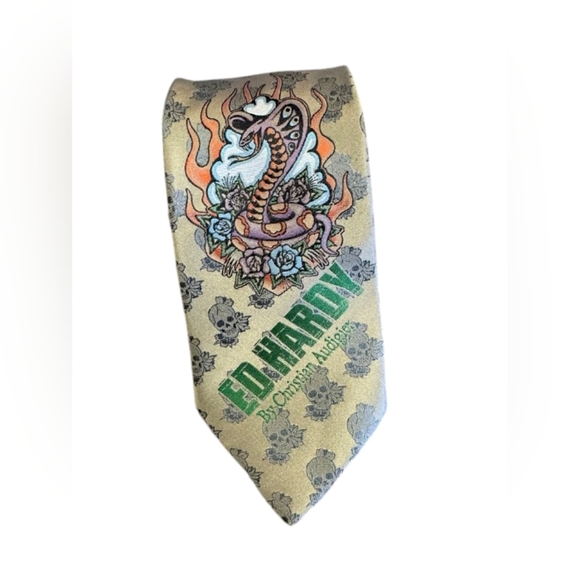 Ed Hardy EUC Gold Tie 100% Silk Snake Design - Picture 2 of 7